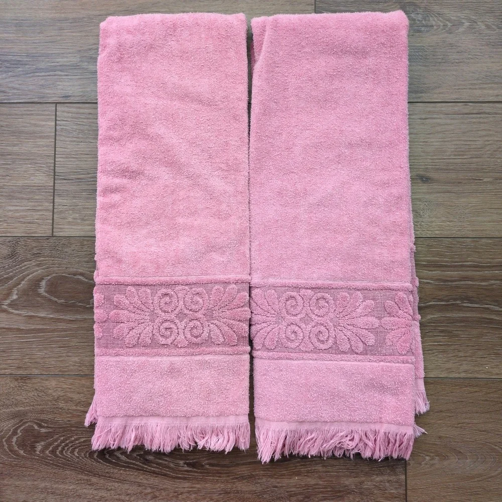Vtg Cannon Monticello Towel Set Pink Santa Cruz Carved Floral Fringed Set of 6
